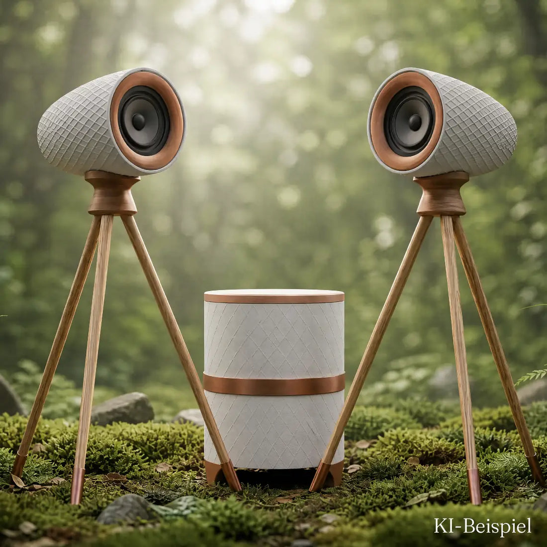 Fabian 2.1 als KI-Visualisierung: zwei eiförmige 3D-gedruckte Satelliten auf Holzstativen neben dem zylindrischen Subwoofer, weiß mit Kupferringen