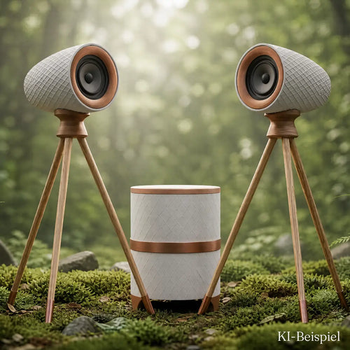 Fabian 2.1 als KI-Visualisierung: zwei eiförmige 3D-gedruckte Satelliten auf Holzstativen neben dem zylindrischen Subwoofer, weiß mit Kupferringen