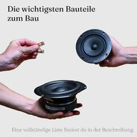 Die wichtigsten Bauteile für Fabian 2.1 in drei Händen: Anschlussklemmen, Breitbänder und der Tieftöner des Subwoofers