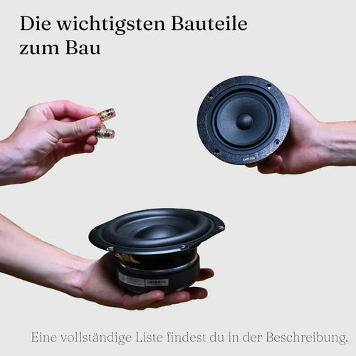 Die wichtigsten Bauteile für Fabian 2.1 in drei Händen: Anschlussklemmen, Breitbänder und der Tieftöner des Subwoofers