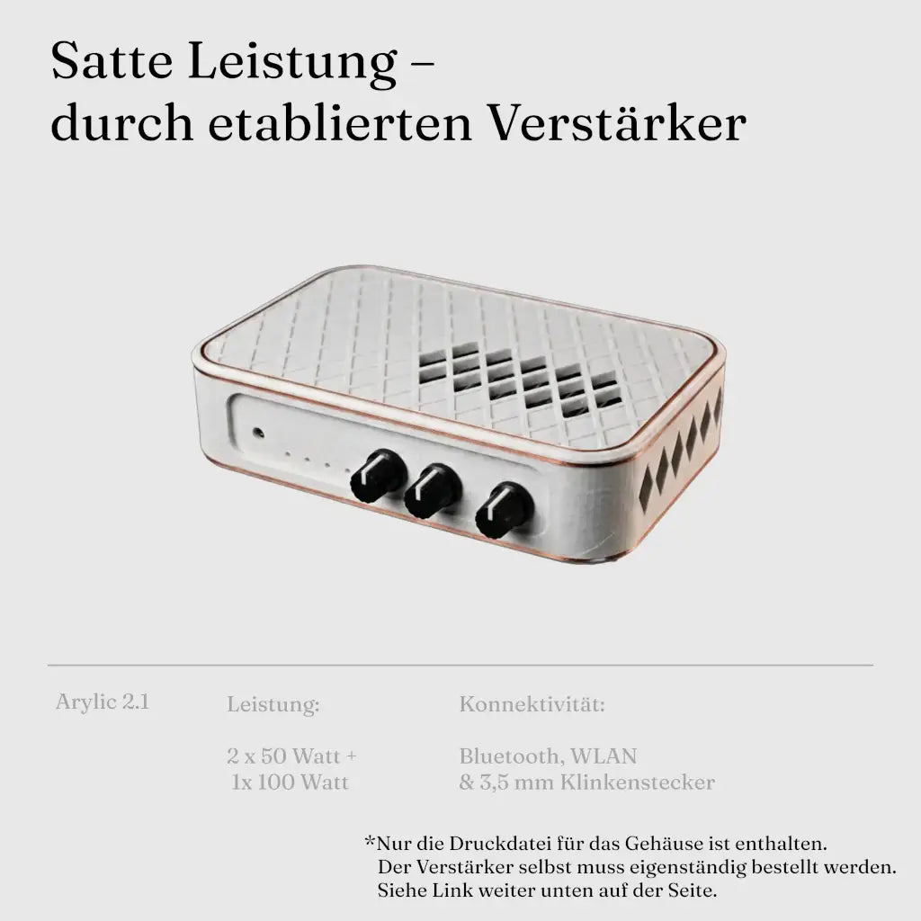 Arylic Up2Stream Amp 2.1 im 3D-gedruckten Gehäuse — 2 × 50 Watt plus 100 Watt für den Subwoofer, Bluetooth, WLAN und 3,5-mm-Klinke