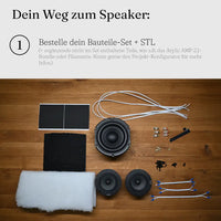 Schritt 1: das Bauteile-Set für Fabian 2.1 ausgelegt — Chassis, Dämmmaterial, gecrimpte Kabel, Schrauben und Anschlussklemmen