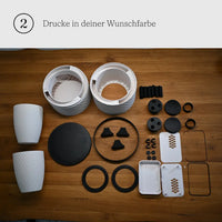 Schritt 2: alle gedruckten Teile von Fabian 2.1 in Weiß und Schwarz — Subwoofer-Ringe, Satellitengehäuse, Deckel, Dichtungen und Verstärkergehäuse