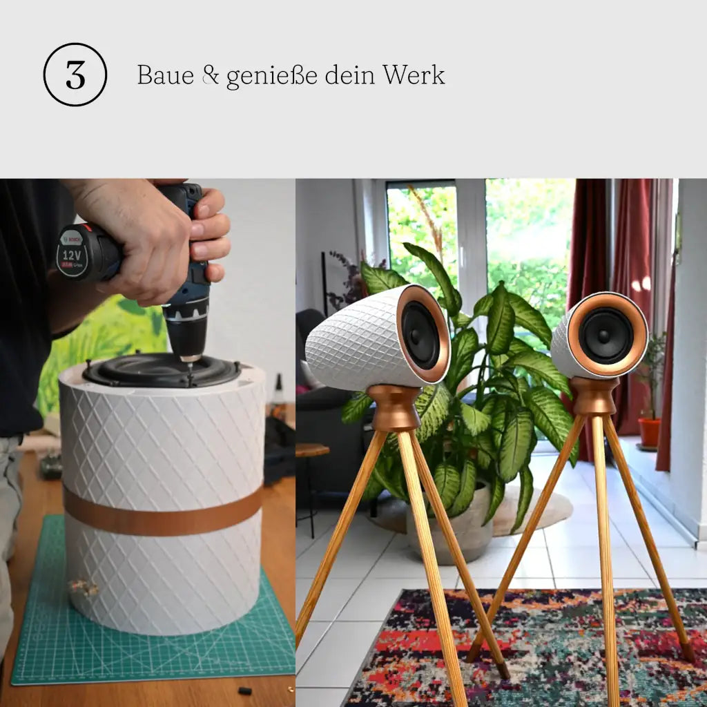 Schritt 3: der Subwoofer-Deckel wird verschraubt, daneben die fertig aufgebauten Satelliten auf Stativen im Wohnzimmer